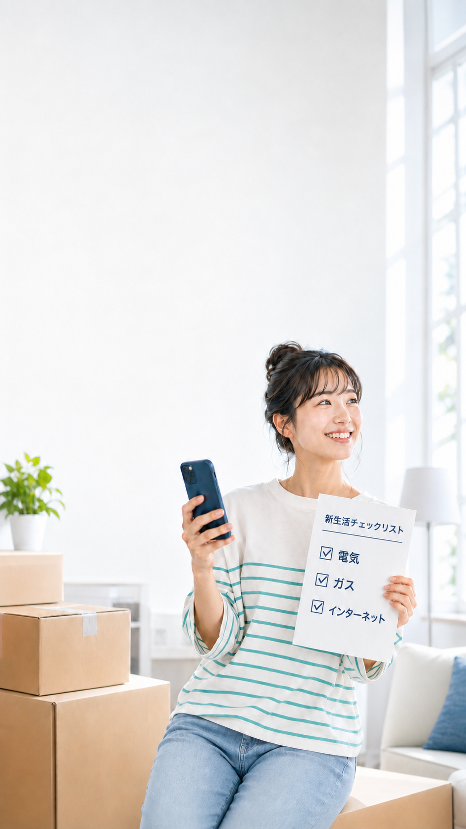 電気・都市ガス・インターネットの新生活チェックリストを持つ女性